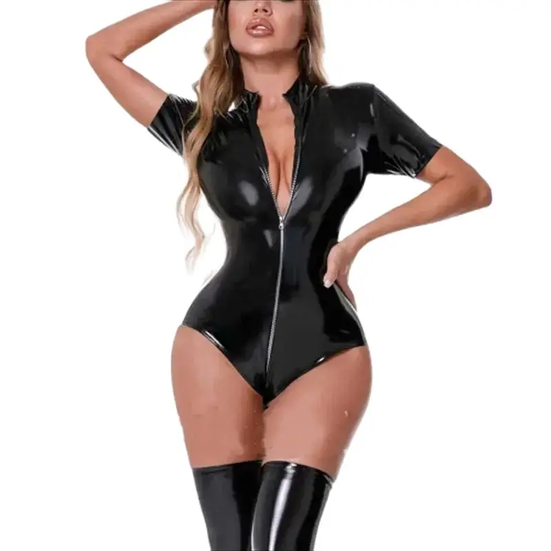 

Wet Look PVC Catsuit Short Sleeves Zipper Open Crotch Bodysuit Pole Dance Clubwear Hot Sexy PU Leather Sukumizu Body Shirts Tops