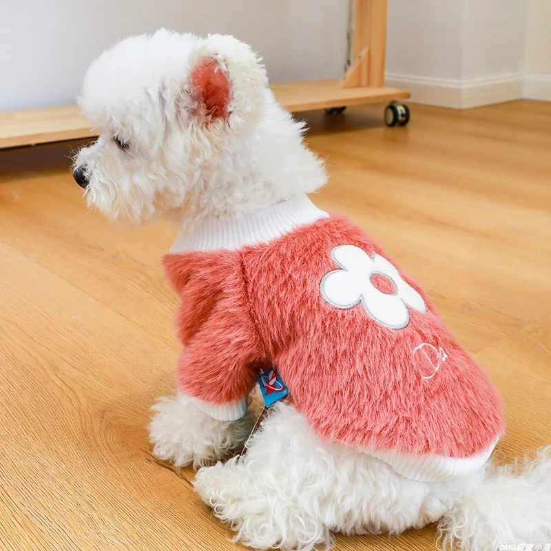 1PC Pet Clothing Autumn/Winter Pink Pullover Plush Flower Round Neck Shirt Suitable for Small and Medium Dogs