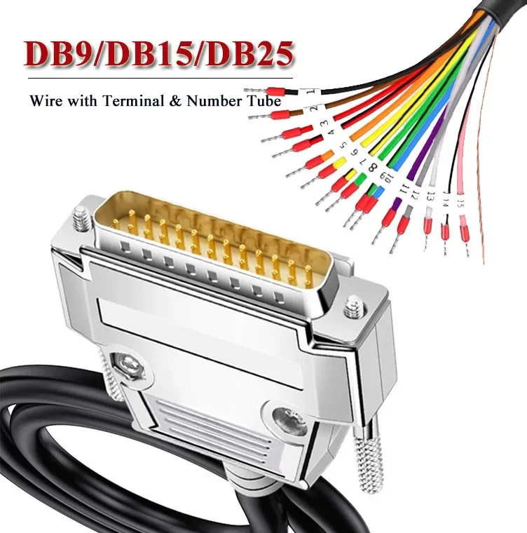 DB9 DB15 DB25 Connector Cable with Number Tube Industrial 24AWG 9 15 25Pin RS232 Serial Plug with Wire D-SUB DB 9 15 25 Terminal