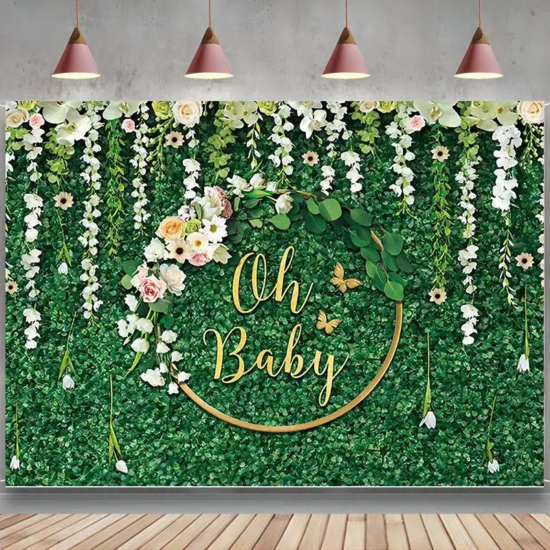 Baby Shower Background Girls or Boys Greenery Oh baby Flowers Gender Neutral Baby Shower Photography Newborn Announced Pregnancy