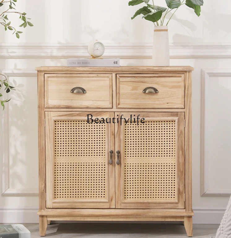 

Whole house furniture Chinese-Style Solid Wood Rattan Sideboard Cabinet Living Room Simple Locker
