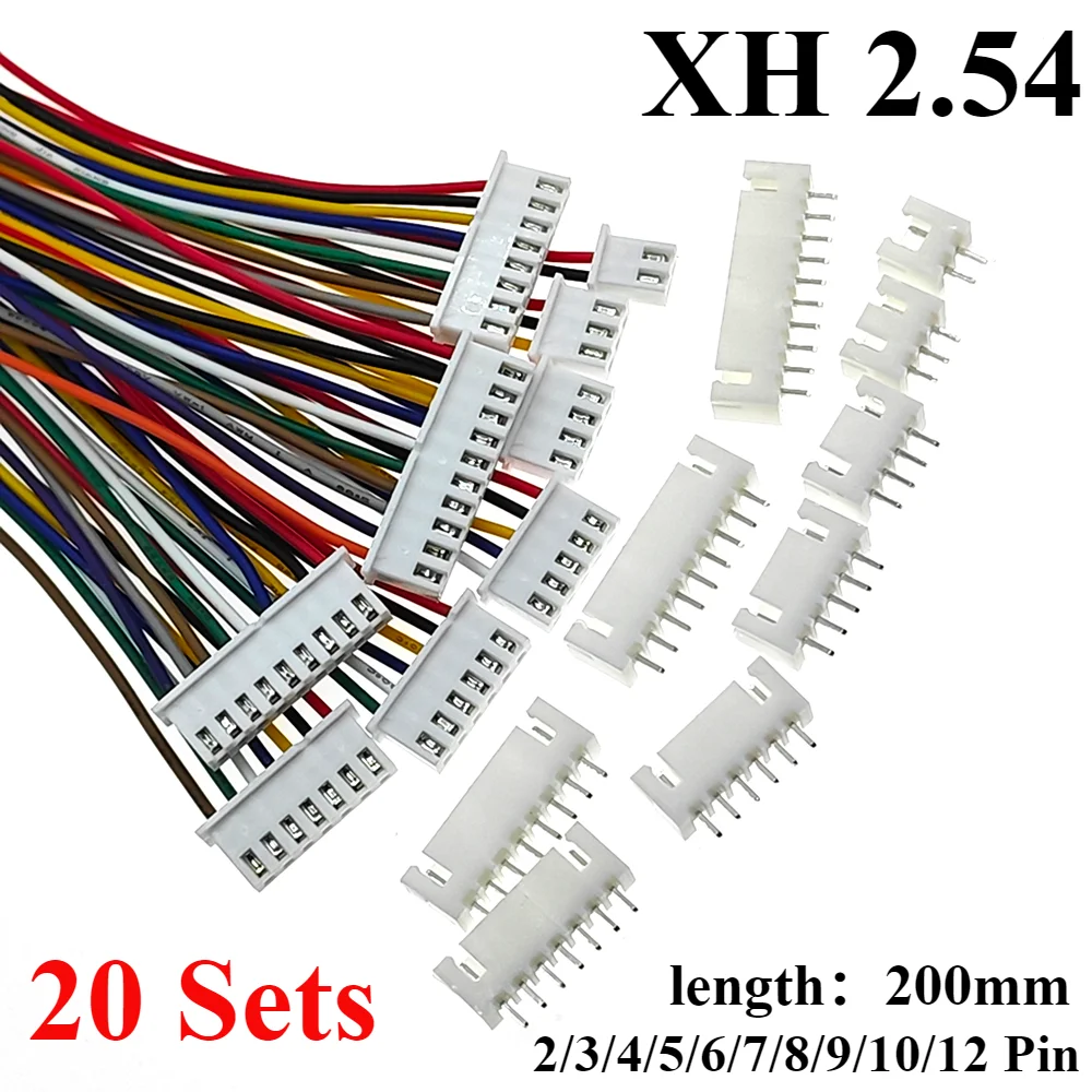 20 Sets XH 2.54mm 20cm 2/3/4/5/6/7/8/9/10/12 Pin Female Wire Straight Plug L:200mm