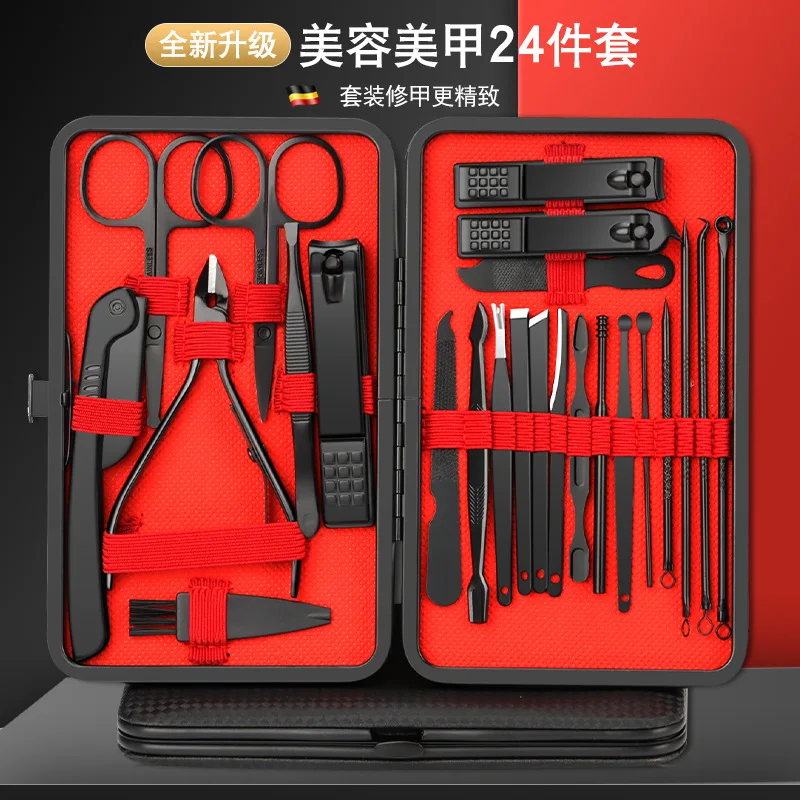 

PopularCross-border nail clippers, manicure, full set of black and red 24-piece set, oblique nail clippers, starting from one piece, manicure set, dead skin scissors.