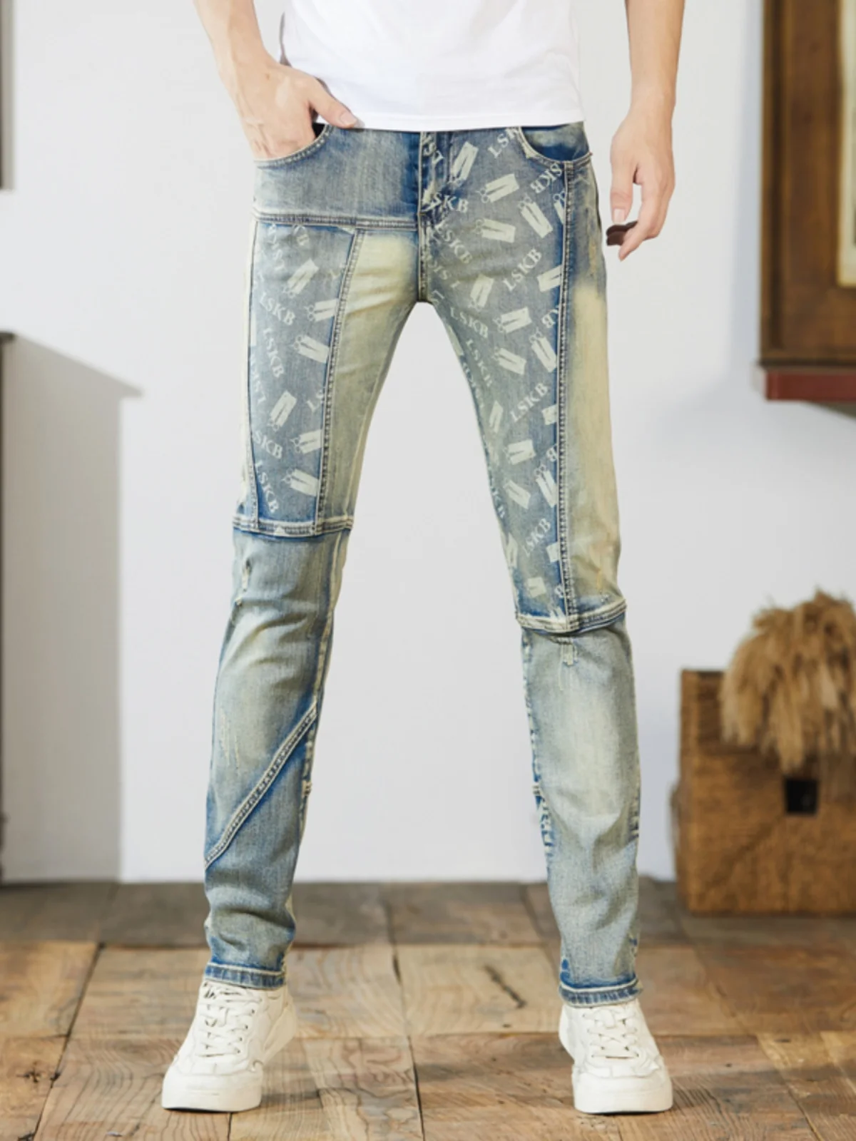 

Retro Print Splicing Men's Slim Fit Jeans Casual Motorcycle Elastic Versatile Cotton Stretch Denim mid Waist Zipper Autumn