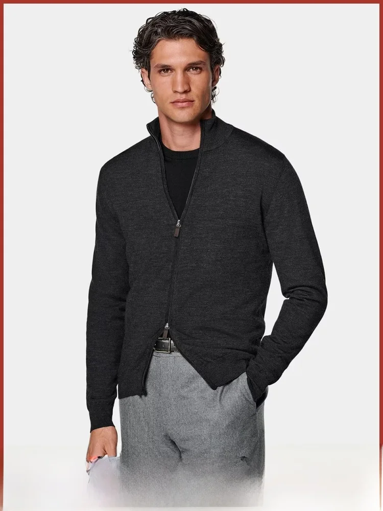 

Открытый кардиган из смеси шерсти и шелка, повседневная вязаная верхняя одежда на молнии с украшением для мужчин, мягкая теплая весенне-осенняя одежда