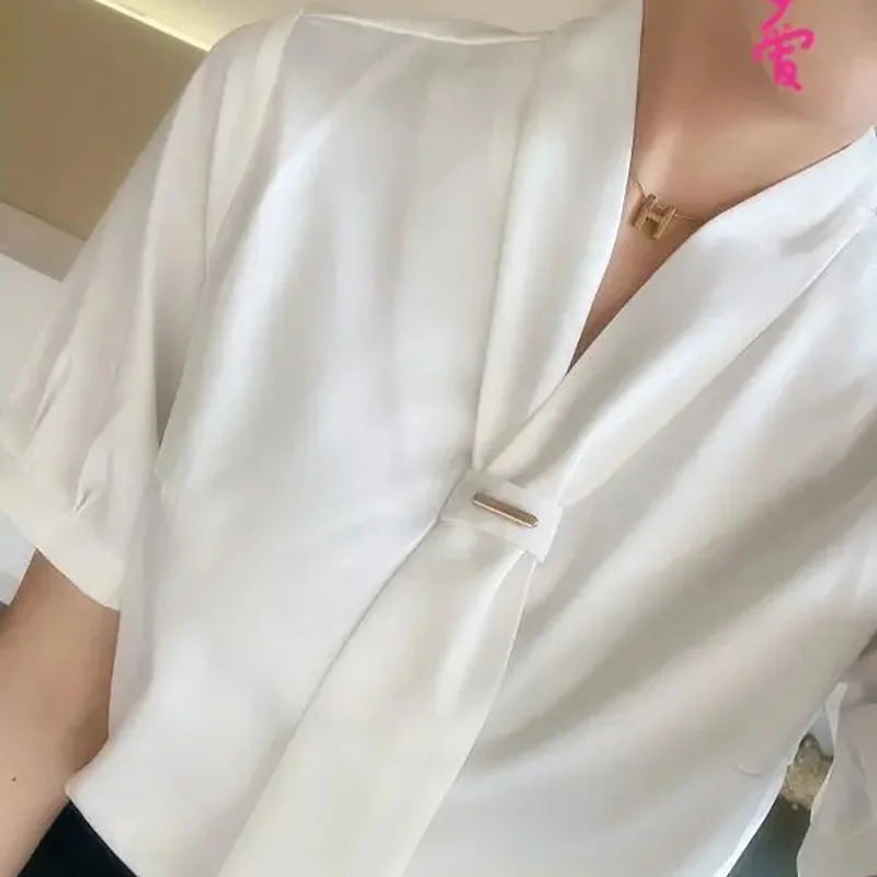 Elegant V-neck Chiffon Top 2022 Korean Ribbon Women Shirts Blouses Chic Office Lady Short Sleeve Shirts Top Fashion Bow Tie Shir