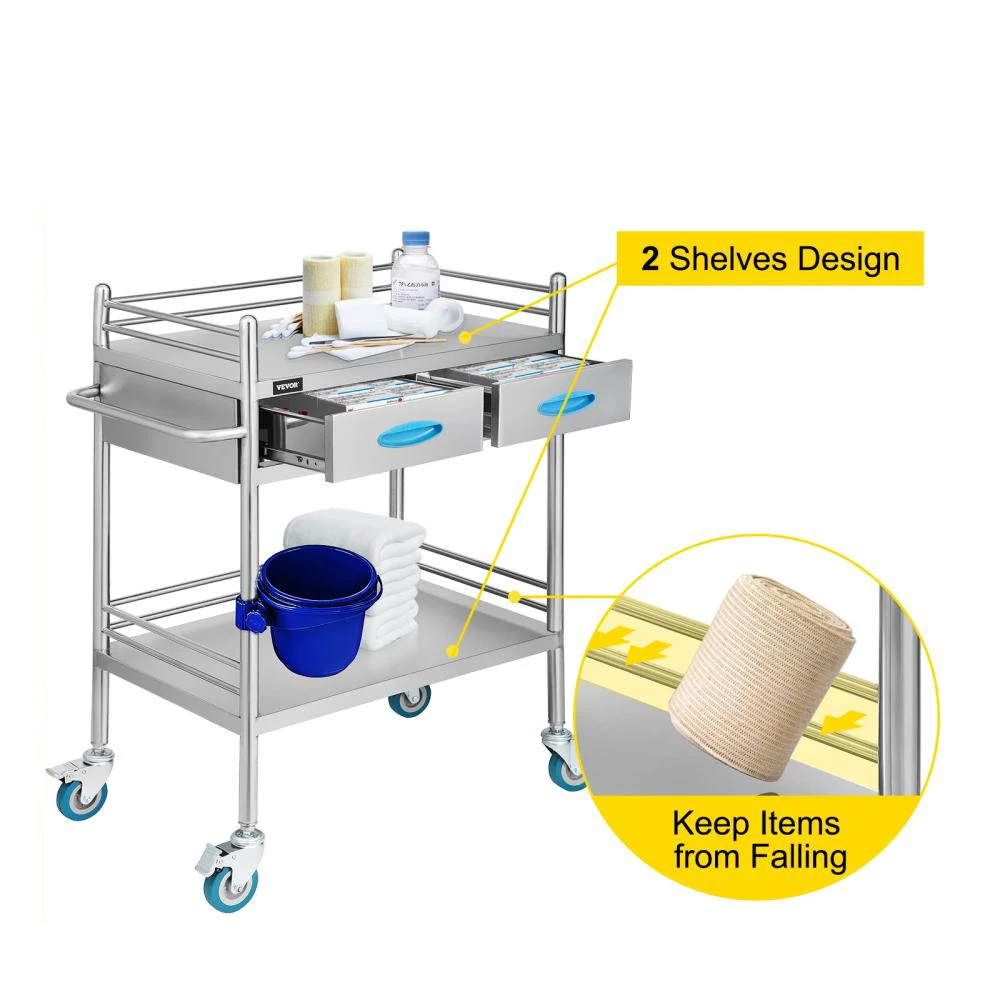 Medical Dental Lab Cart with 2 Shelves Stainless Steel Wheels Trolley with Drawers for Laboratories Clinics Hospitals