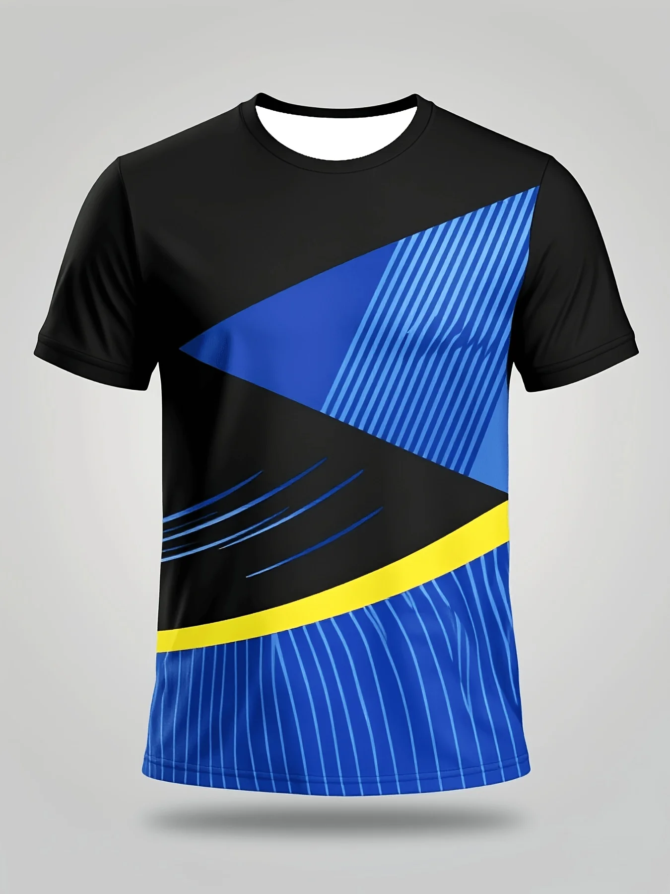 Men Quick Dry High Elastic Sport T Shirt Geometric Striped Color Block Breathable Training Top