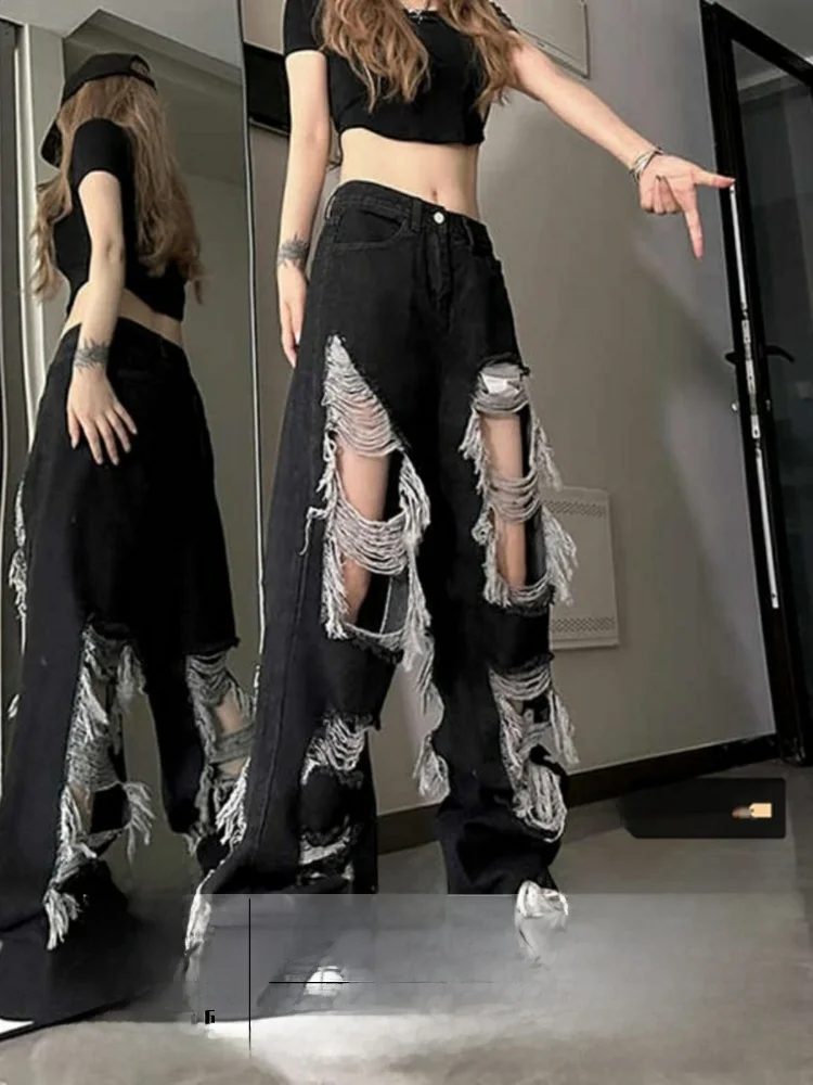 

High Waist Wide Leg Straight Cut Denim Jeans Women's Summer Loose Fit Torn Washed Black Jeans Trendy Floor Length Pants