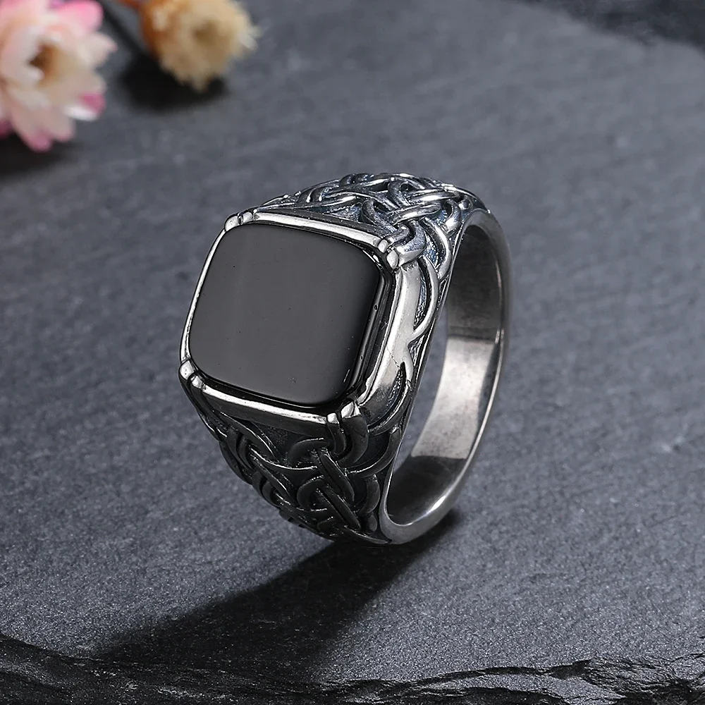 925 Sterling Silver Jewelry Ring Natural 10*12mm Big Black Agate Stone Vintage Ring For Women Party Gifts