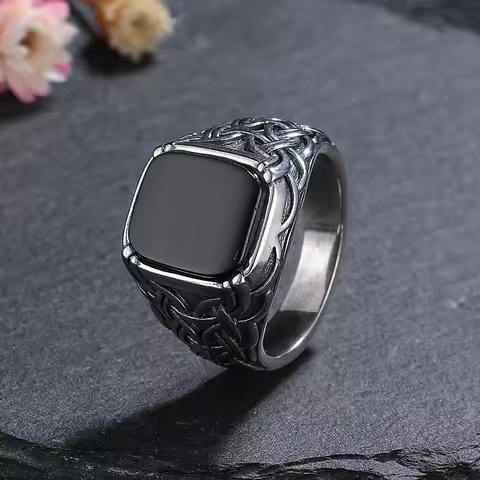Silver Jewelry Ring Natural 10*12mm Big Black Agate Stone Vintage Ring For Women Party Gifts