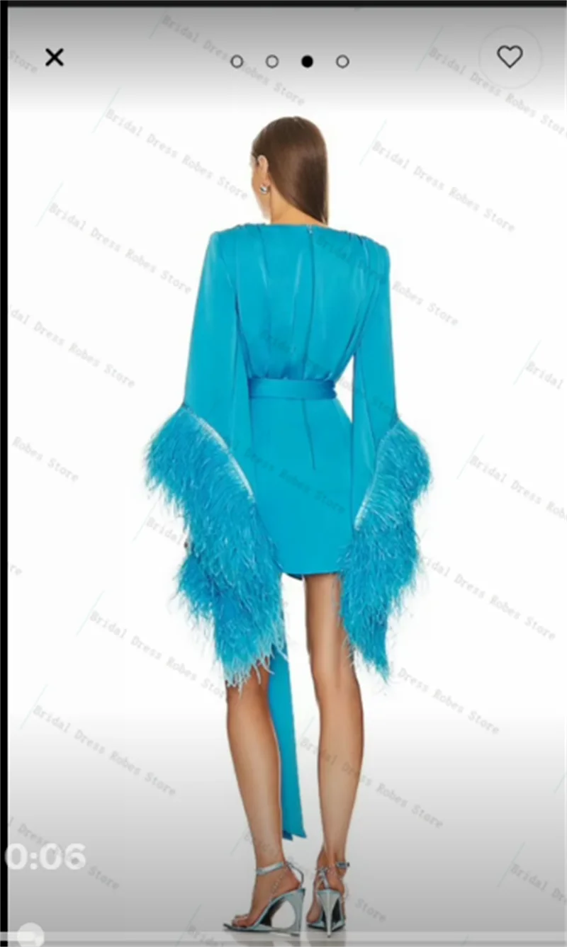 Ostrich Feathers Blue Women Prom Dress For Photoshoot Belted Formal Sexy Short Mini Bridal Morning Robe Customized Night Gown