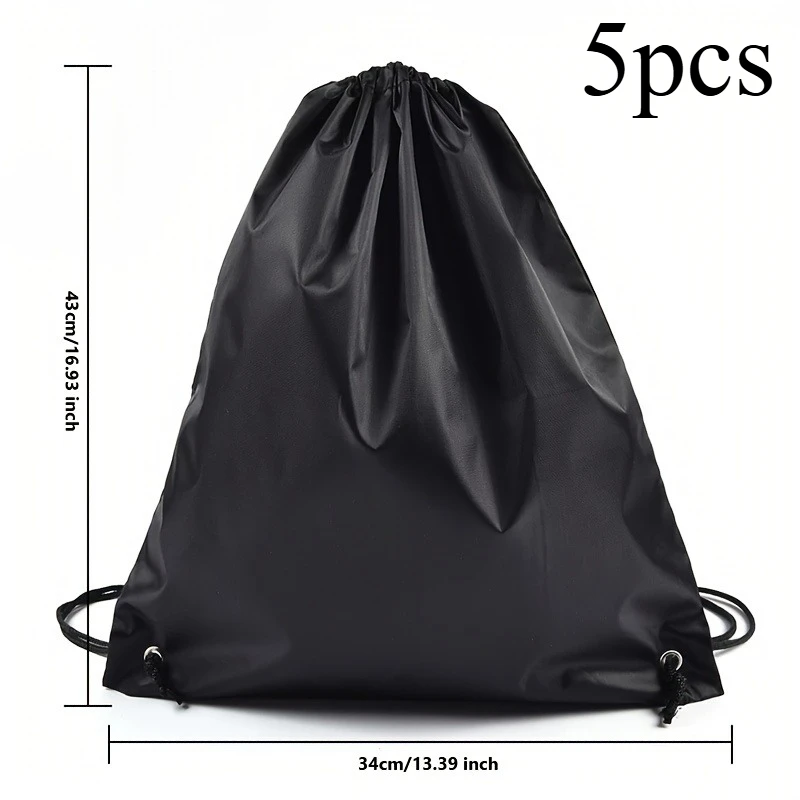 5pcs Black portable sports bag, drawstring cycling backpack, gym shoes bag, clothes backpack