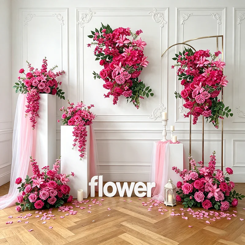 Knallrosa Blumenreihe Hortensie Pompom Rose 5D Hochzeits-Hintergrund Hängender Blumenbogen Bankett-Bodenblume Party-Requisite Schaufensterdekoration – Detail 4