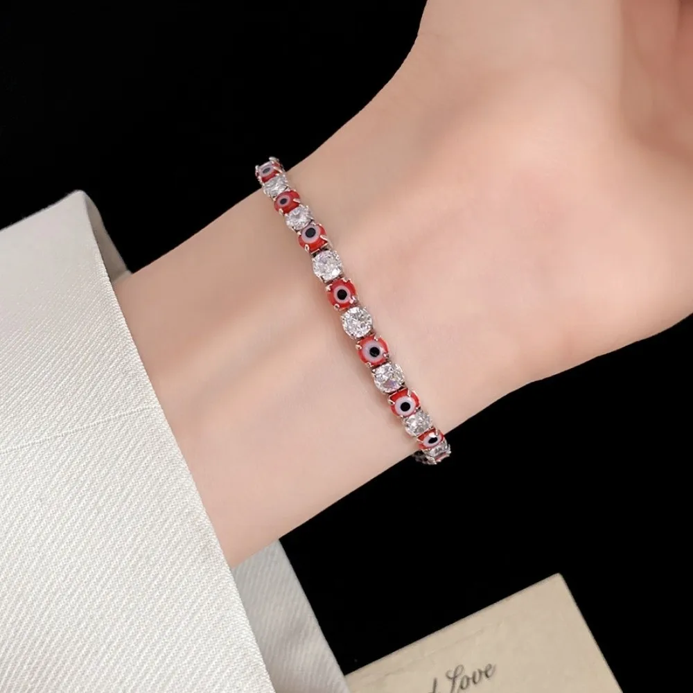 Luxury Vintage Glaze Devil's Eye Bracelet Round Devil's Eye Blue/Red Rhinestone Devil's Eye Bangle Aesthetic Copper Zircon