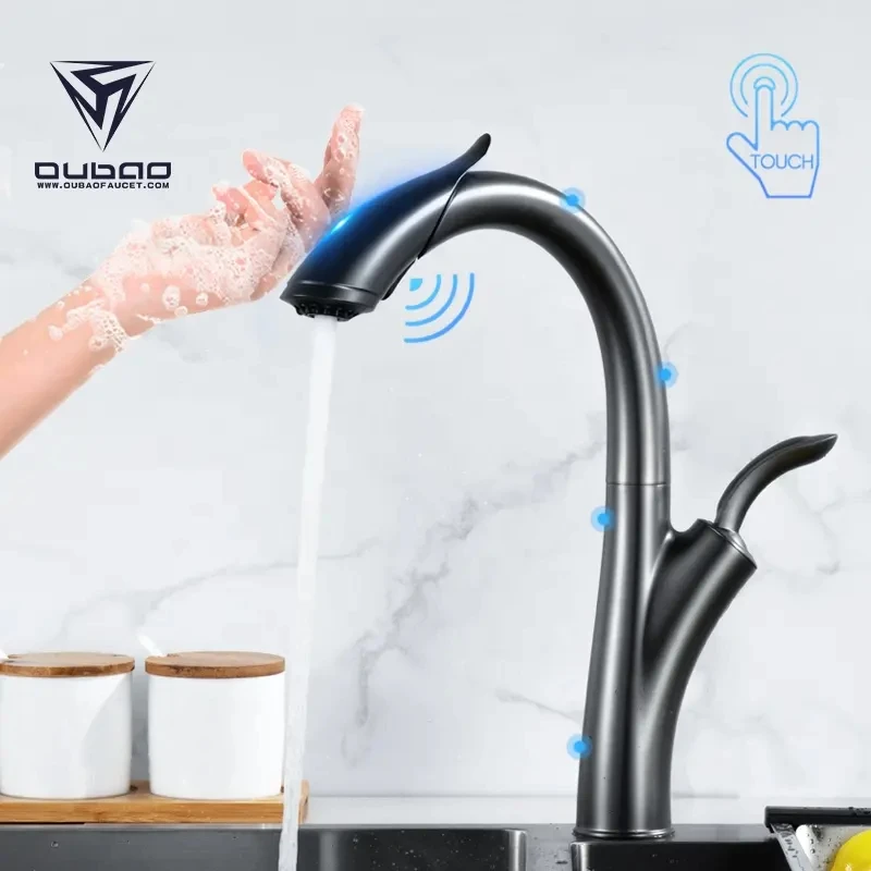 Contemporary new black faucet pulls out spray mixer sensor faucet kitchen faucet