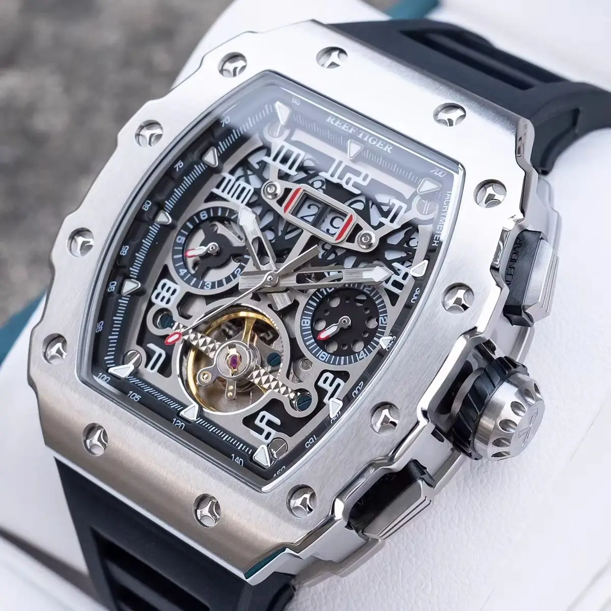 Reef Tiger Men Automatic Watch Tonneau Mechanical Wristwatch Waterproof Luminous Sapphire Skeleton Multi-Dial Month Week Date