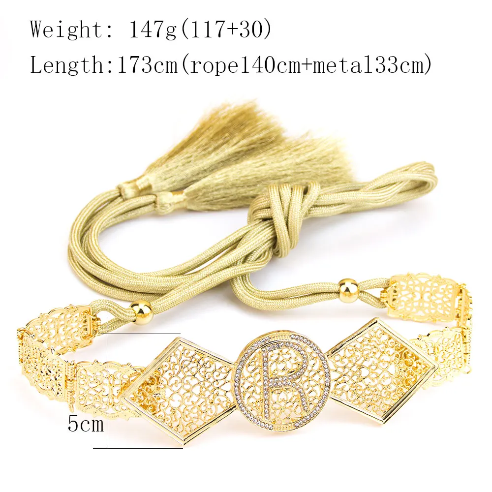 Sunspicems Gold Color Algeria Morocco Caftan Belt R Waist Chain Hand Rope Tassels Girdle Arabic Bridal Jewelry Banquet Jewel