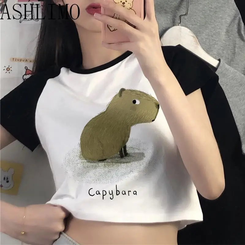 Capybara T Shirts Summer Women Crop Top Streetwear Hop Funny Tshirt Women Top Harajuku For Clothing Black Short Sleeves T-shirts