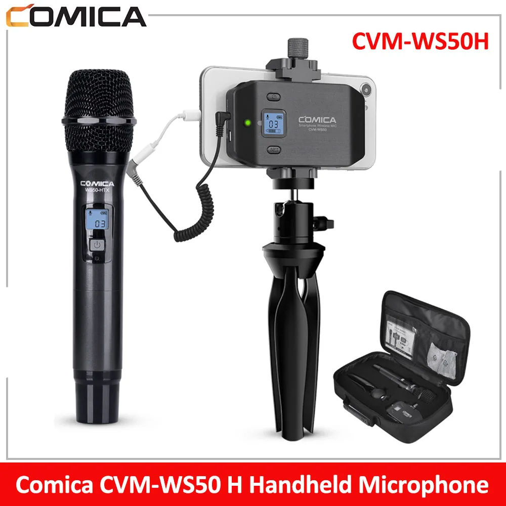 

Comica CVM-WS50H Handheld Microphone UHF Wireless Microphone 6 Channels Condenser Mic With Tripod For iPhone Samsung Android