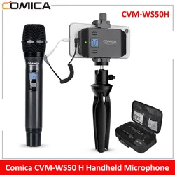 Comica CVM-WS50H-micrófono de mano UHF, inalámbrico, 6 CANALES, condensador, con trípode, para iPhone, Samsung y Android