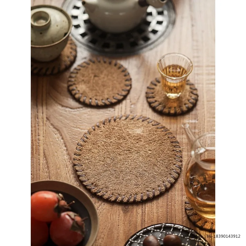 4Pcs-Set 8cm 10cm 10cm 16cm Retro Handmade Coconut Fiber Insulation Mat Coaster Tea Ceremony Stove Pad Tea Making