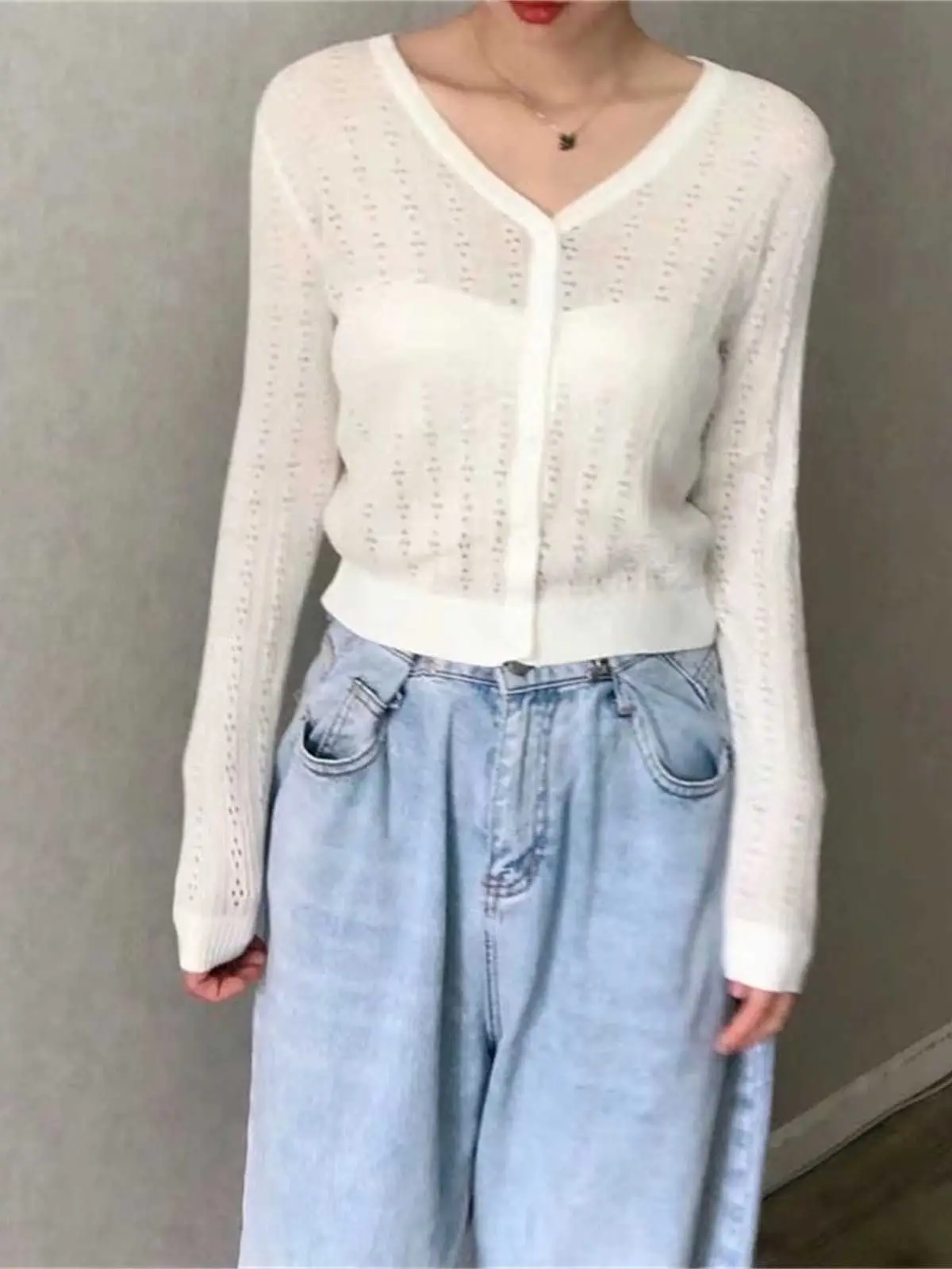 Elegant Women V Neck Knitted Hollowed Shirt 2022 Spring-autumn Fashion Ladies College Style Single Breasted Set Female Solid Top