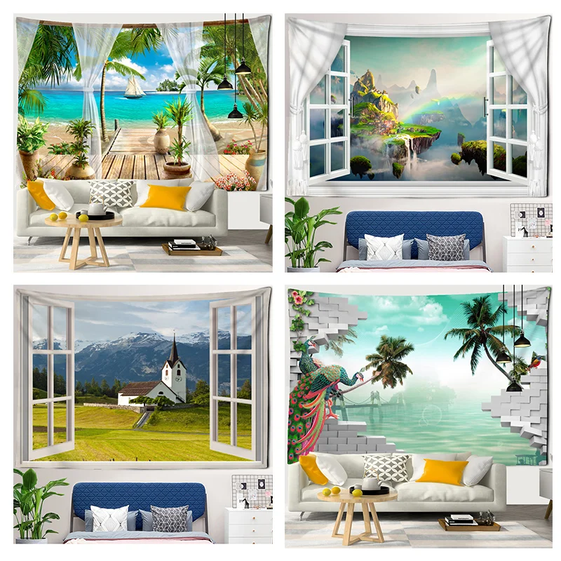 Mediterranean Beach Scenery Tapestry Wall Hanging 3D Windows Aesthetics Room Decor Bohemian Home Dormitory Wall Decoration