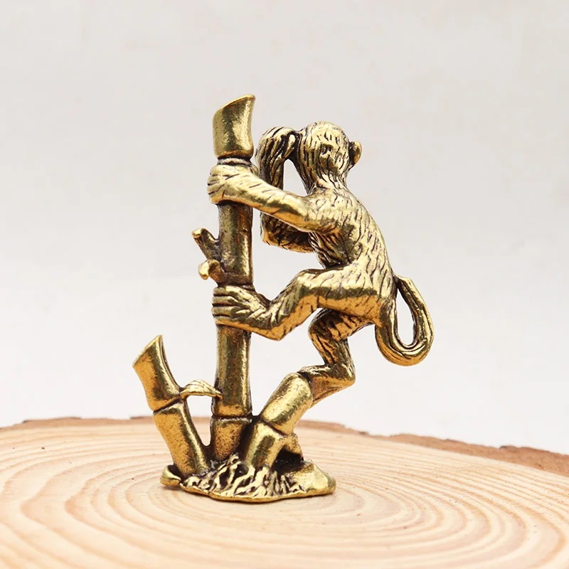 Brass Monkey Climbing Bamboo Pole Small Ornament Zodiac Animal Figurines Feng Shui Home Decor Crafts Desk Decoration Accessories