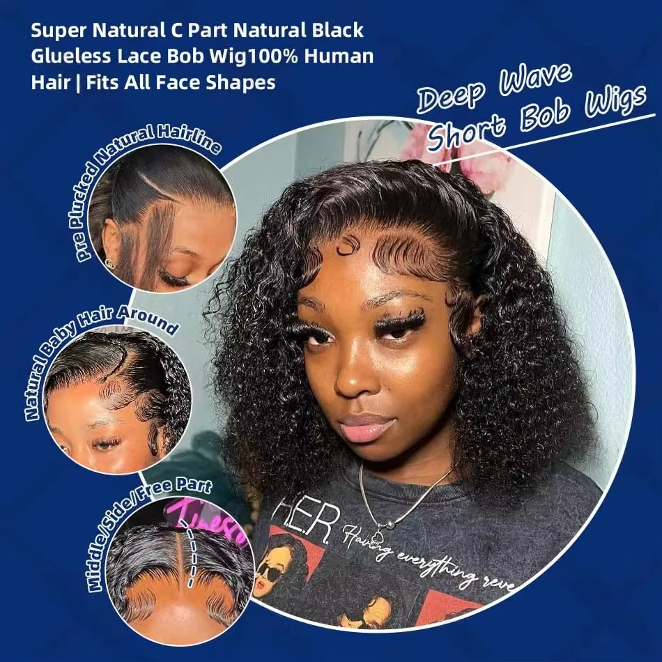 Diepe Golf Kant Frontale Kanten Voorkant 200 Dichtheid Korte Bob 13x4 Echt haar Voorgeplukte Braziliaanse pruik 13x6 Lijmloze krullende Remy-pruiken