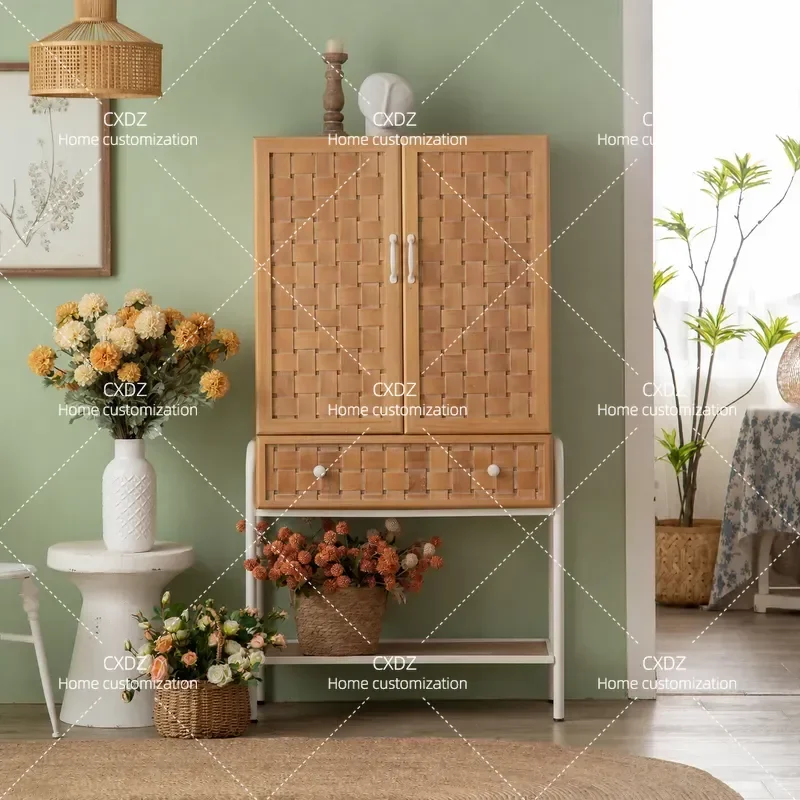 Nordic Style Tall Wardrobe with Woven Texture Simple Log Color Storage Cabinet Space Saving Pastoral Design for Bedroom
