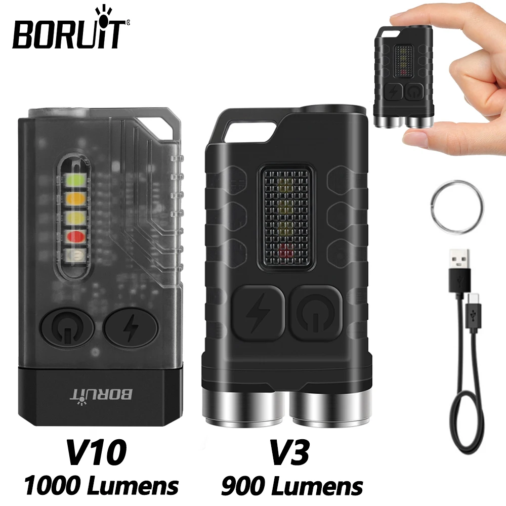 

BORUiT Mini LED Keychain Light Powerful EDC Pocket Flashlight Type-C Rechargeable FlashTorch With Red UV Light Fishing Tiki Lamp