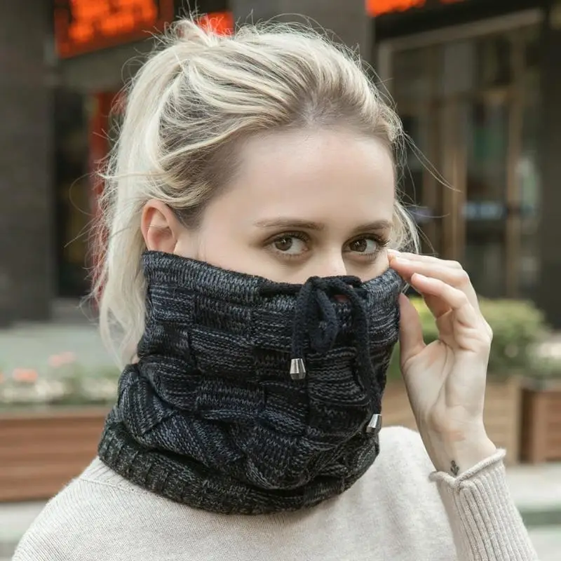 R1WE ユニセックス冬ネックゲートル多目的チェック柄ニットビーニー帽子厚いフェイクフリース裏地サークルループスカーフポニーテールキャップ