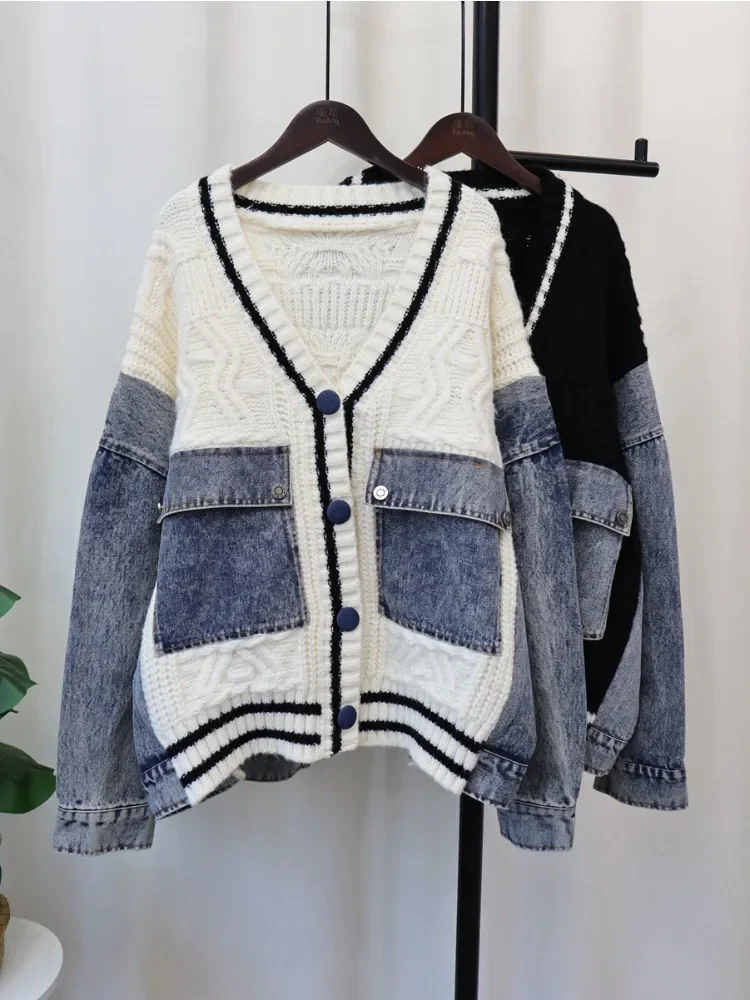 Denim Splicing Cardigan Jacket Korean Casual Loose V-Neck Pocket Design Sweater Color Blocked Oversize Cowboy Knitted Coat Women