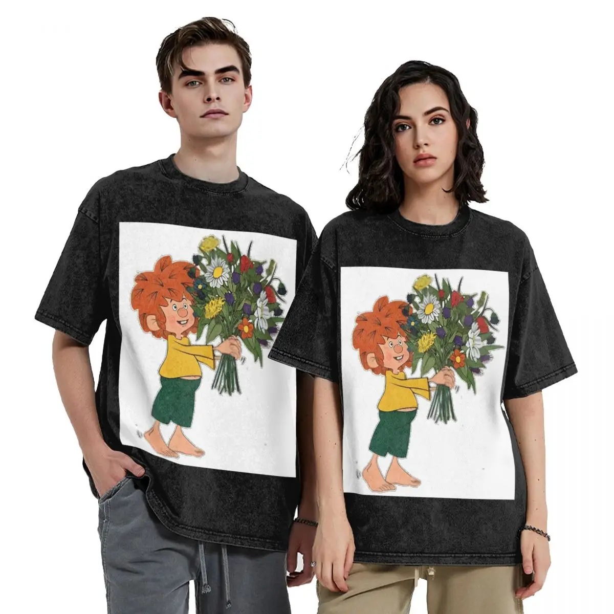 

Pumuckl Halt Blumen футболки с короткими рукавами в стиле хип-хоп стираные топы футболки уличная футболка Harajuku для мужчин и женщин