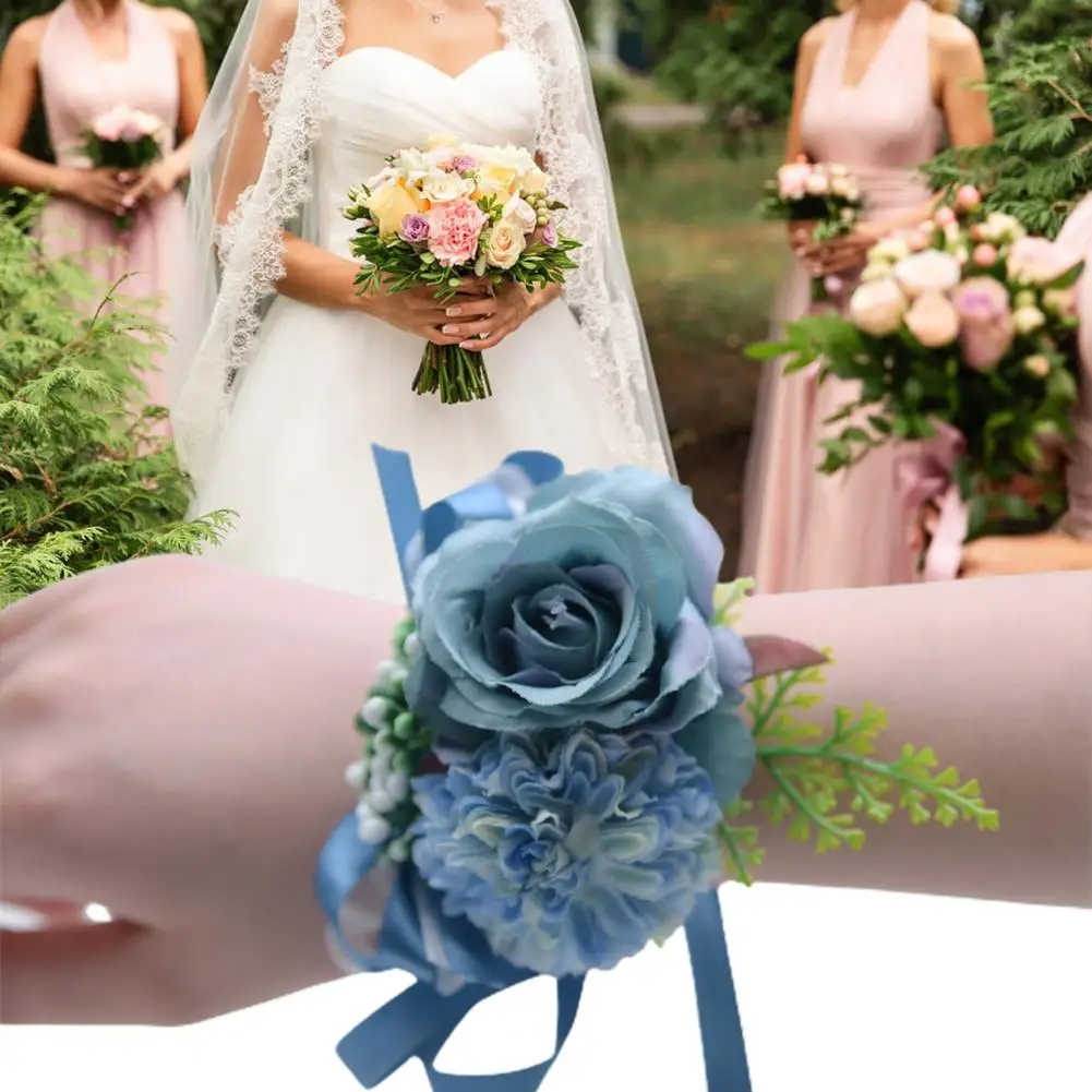 Wrist Flower Non-Fading Multi-color Decorate Wedding Corsage Bracelet Elegant Bride Groom Fake Wrist Corsage for Party