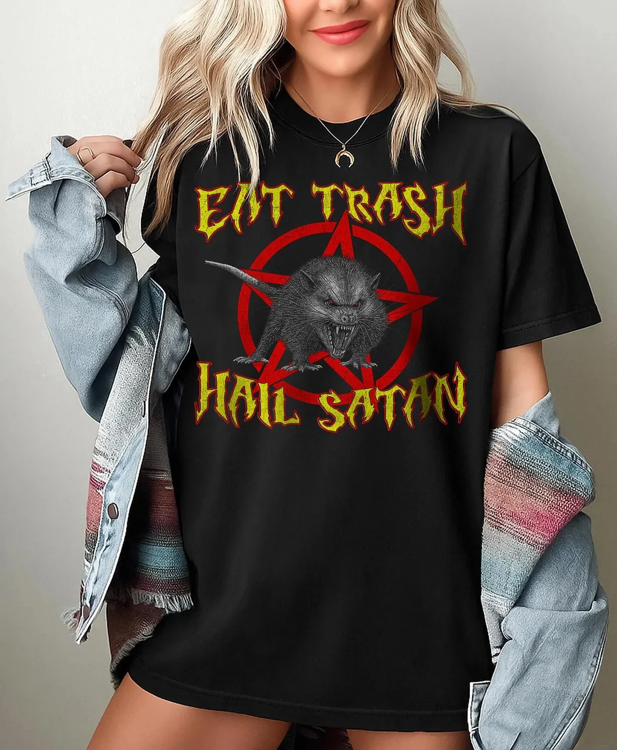 

Eat Trash And Hail Satan T-shirt Funny Goth Possum T-shirt Metal Goth T-shirt Cute Opossum Lover T-shirt