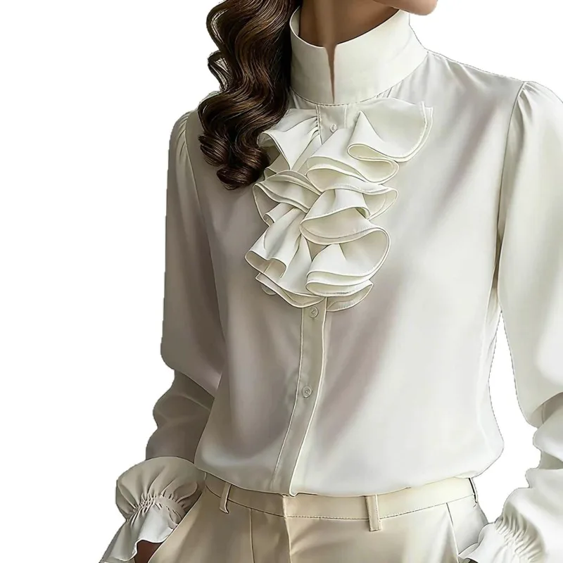 

2026 New Arrivals Women's Elegant Blouses Office Work Shirt Female Stand Collar Ruffle Trim Loose Solid Color Casual Tops