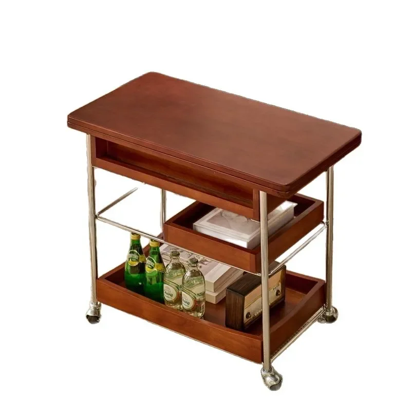 Solid wood coffee table trolley foldable movable rectangular medieval edge table stainless steel movable