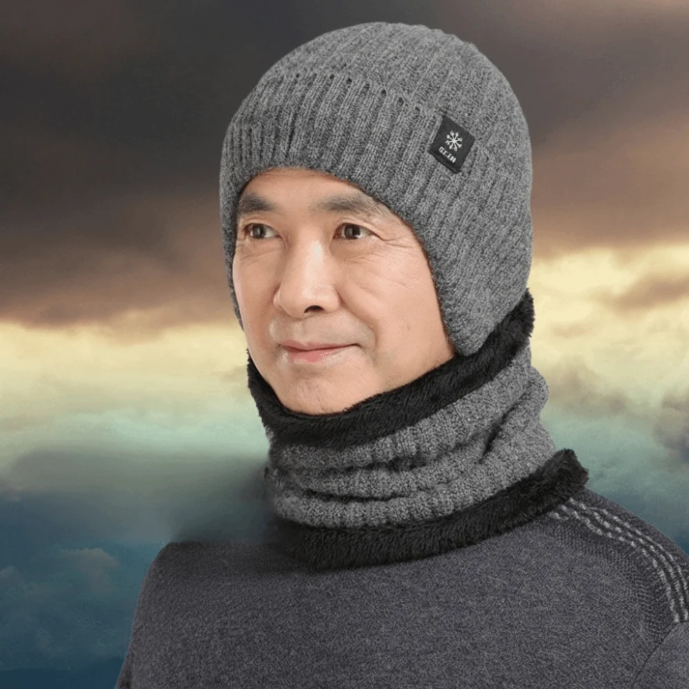 Casual Thick Hat Scarf Set Neck Warm Knitted Beanie Hat Keep Warm Solid Color Ear Protection Hat Male