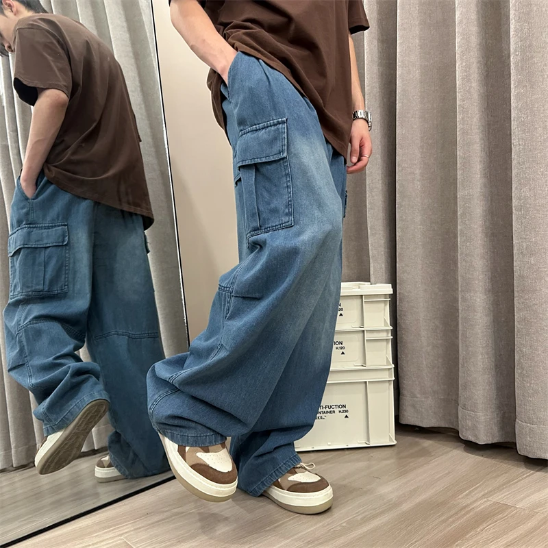 

Men Jeans Loose Straight Wide Leg Denim Pants Men's Hip Hop Streetwear Skateboard Neutral denim Trousers Mopping Cargo jeans