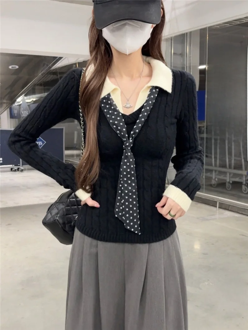 Suéter de punto Retro rojo Thiened Long Sve con bufanda, diseño de lazo torcido, Top de lana informal ajustado para otoño e invierno para mujer