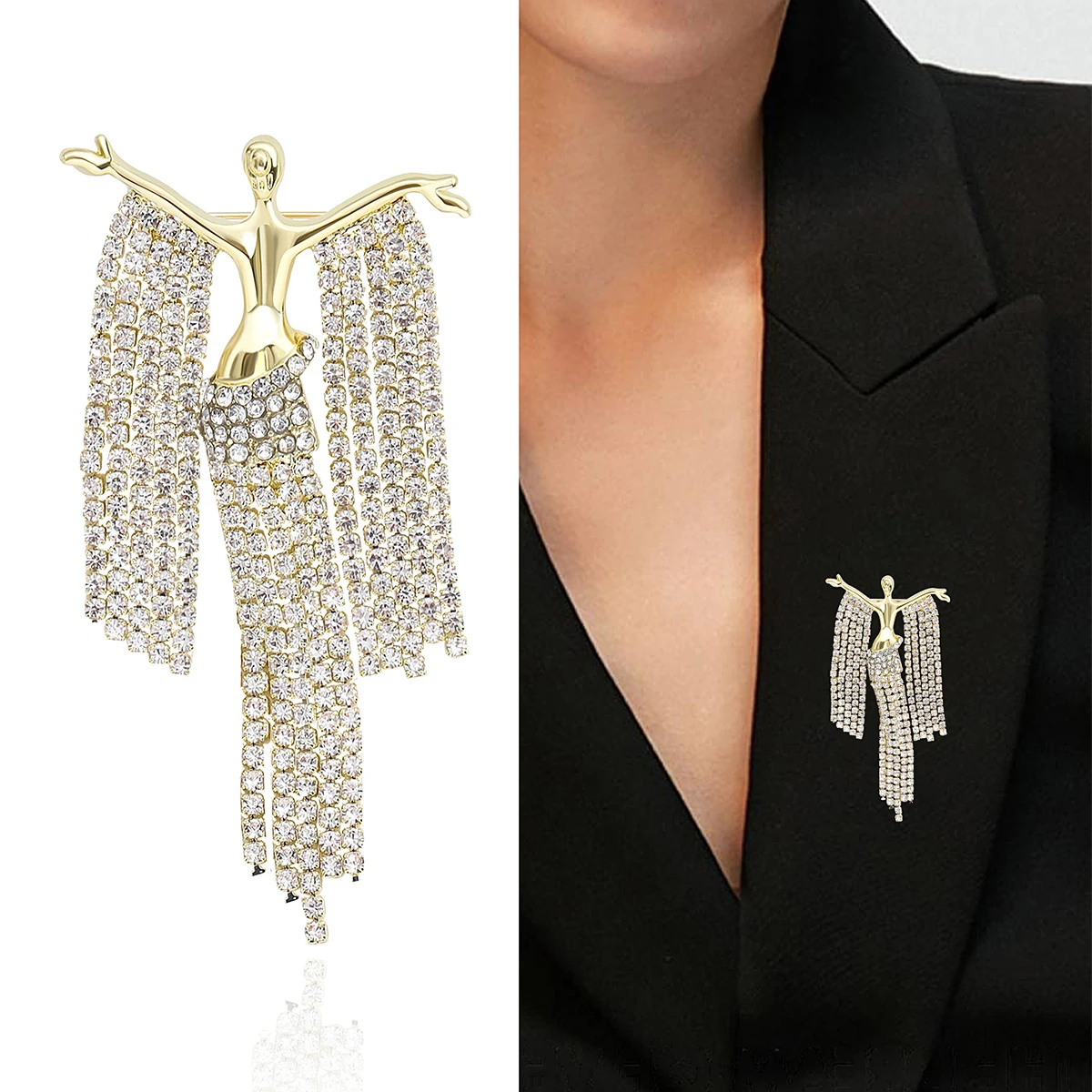 Rhinestone Girl Pins for Women Unisex Tassel Long Dress Model Brooches Banquet Party Backpack Gifts Jewelry Accessories