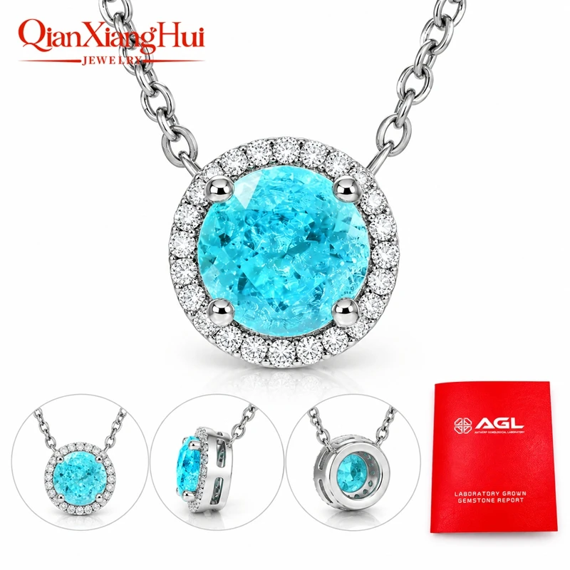 Luxury 925 Sterling Silver Necklace Paraiba YAG Gemstone with Moissanite Halo Pendant Neon Blue Paraiba Fine Jewelry for Women