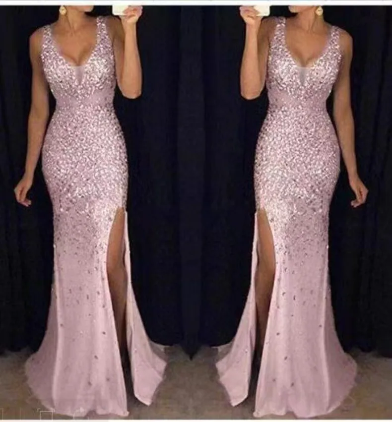 V-Ausschnitt, plissiertes, geschlitztes, heißgeprägtes, figurbetontes Kleid für Dinnerpartys, Pendeln, Abschlussfeiern, sexy, elegantes langes Kleid – Detail 7