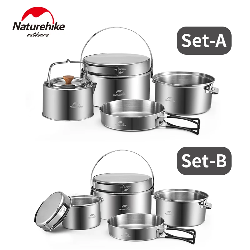 Naturehike Camping Cookware Set Stainless Steel Pot Set Frying Pan Pot Kettle Ultralight Portable Outdoor Picnic BBQ Utensils