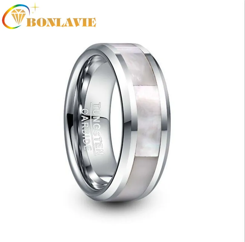 BONLAVIE 8mm Tungsten Carbide Ring Steel Color Inlay White Mother-of-pearl Men\'s Wedding Ring Party Jewelry