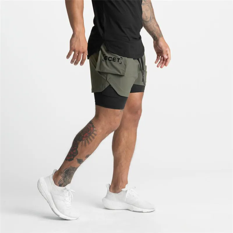 Men New Style Running Casual Double-Deck Sport Shorts Fitness jogging gym Thin Quick-Drying Male Zippered Pocket Pants