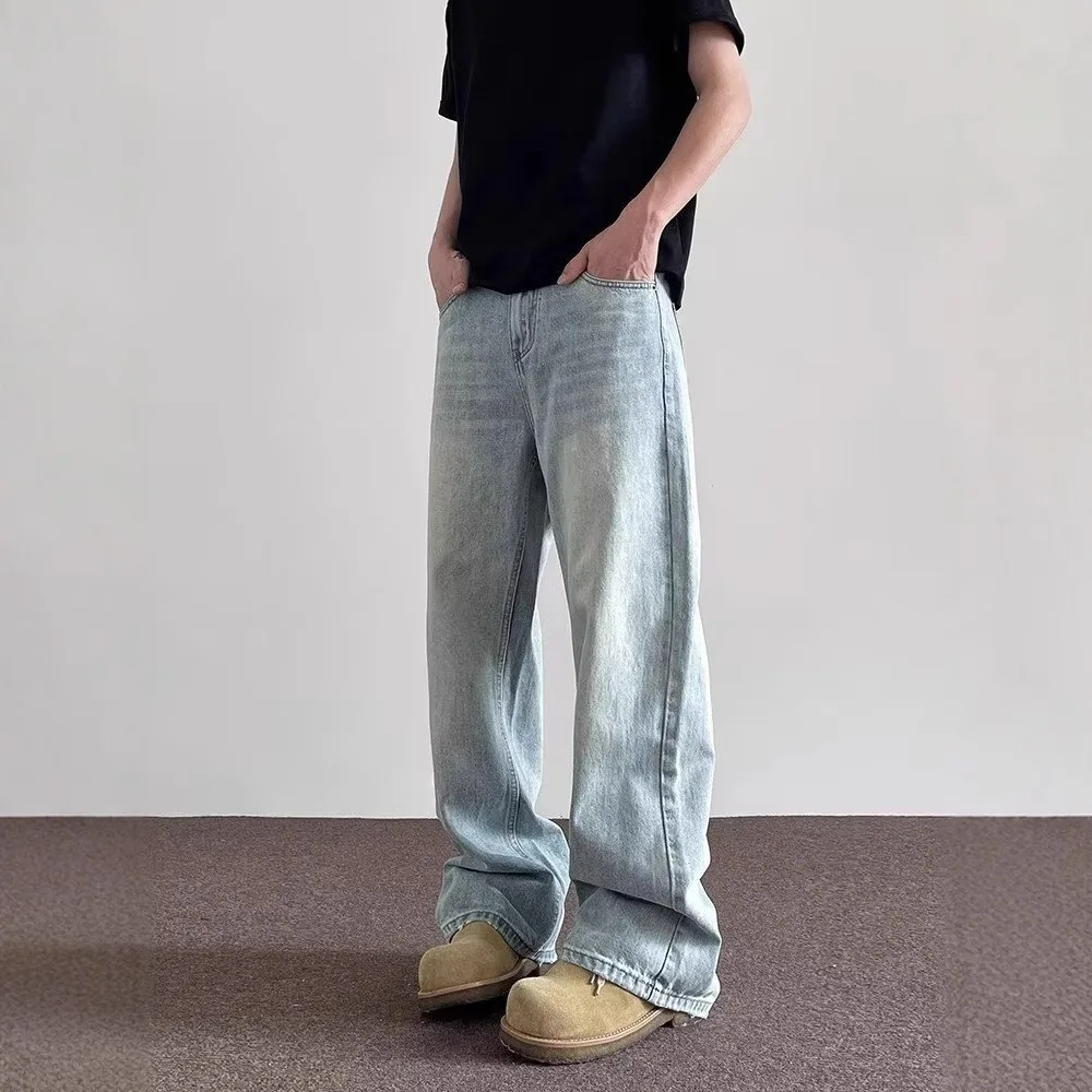 American High Street nueva moda 2025 hombres azul claro recto Casual de moda suelta pantalones vaqueros de pierna ancha pantalones vaqueros masculinos