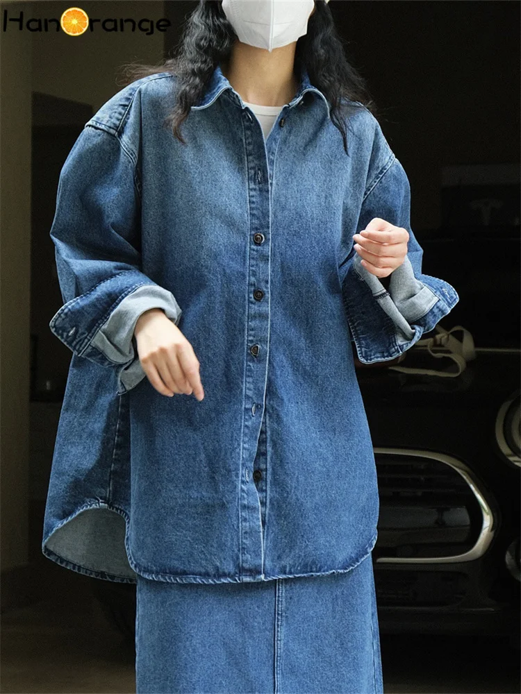 

HanOrange 2025 Spring Autumn Simple BF Style Fashion Washed Denim Shirt Women Loose Silhouette Casual Top Female Blue